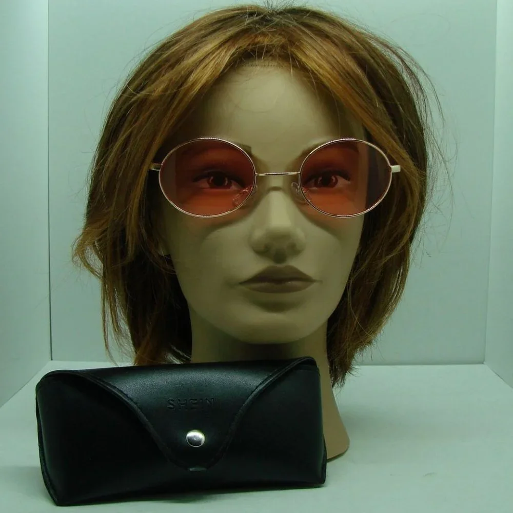 Shein Womens Round Shape Fashion Sunglasses Peach Lens Copper Metal Frame w/Case